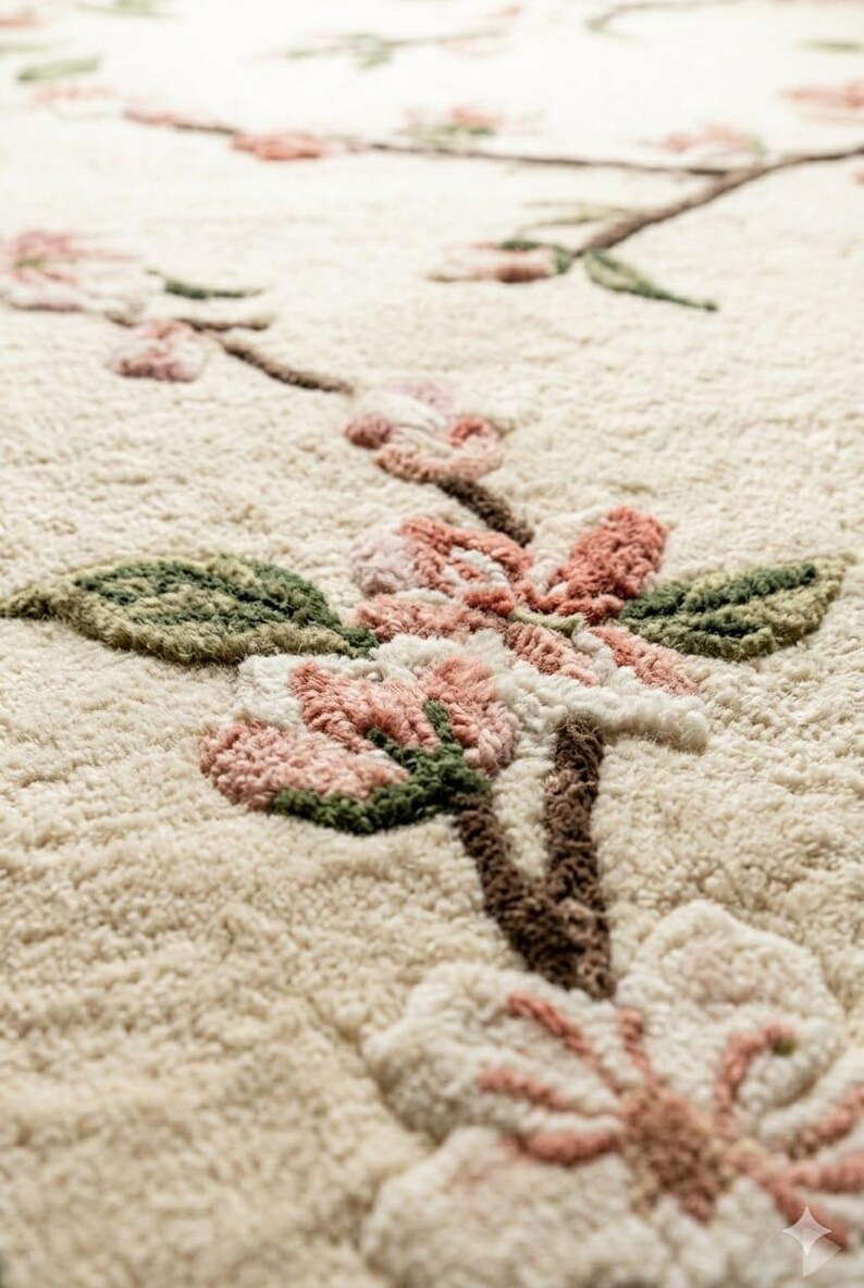 Hand Tufted Cherry Blossom Botanical Rug, Cream Pink Floral Carpet - Etsy