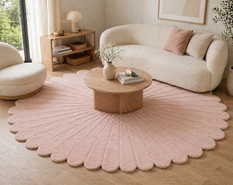 Alfombra redonda festoneada, rosa rubor, 100% lana, tejida a mano.