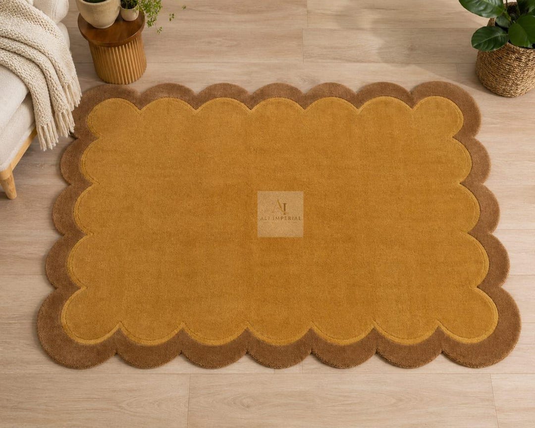 Mustard Rug Solid Luxury Mustard Rug With Wavy Border, Minimalist Statement Rug, Soft ...