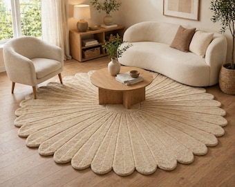 Alfombra de lana con borde festoneado, forma de flor en color crema beige, borde malva minimalista, alfombra redonda grande.