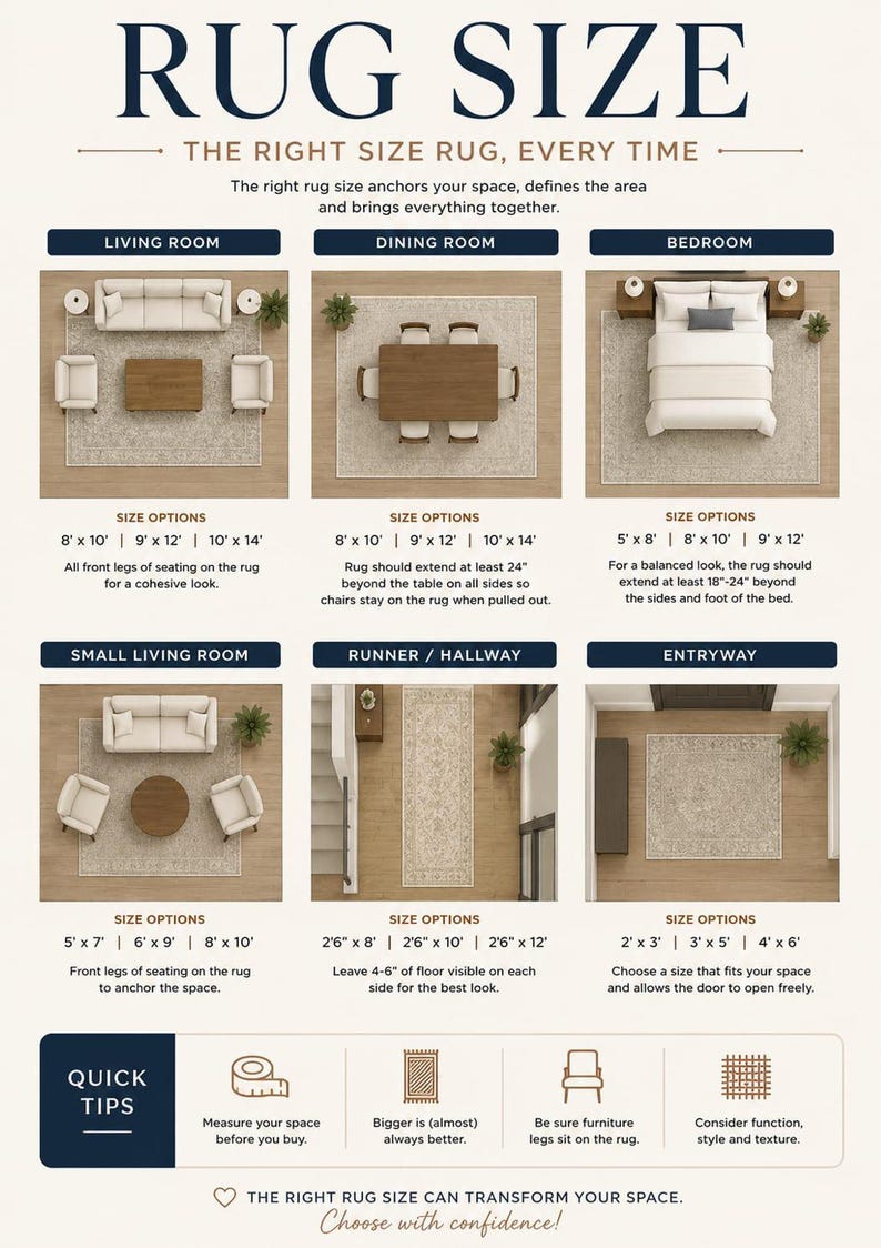 An informational chart titled rug size guide with overhead room layouts demonstrating furniture placement options for different living spaces.