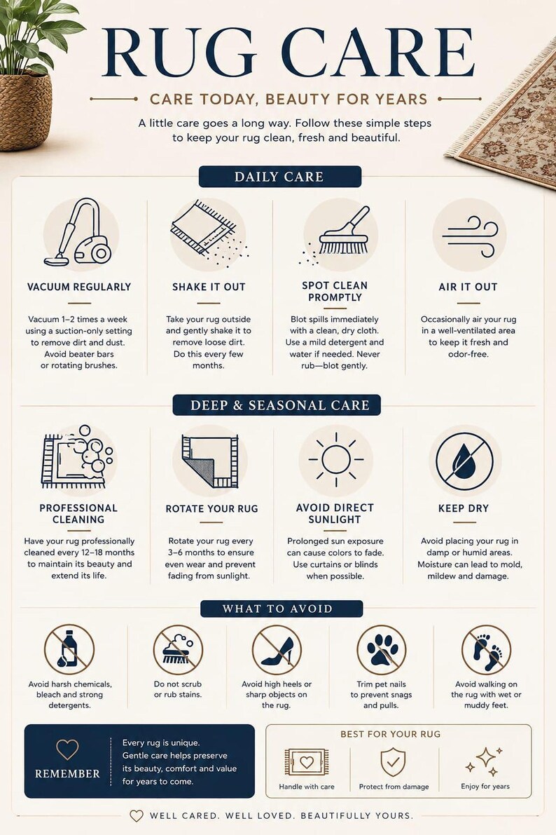 An informational infographic titled rug care outlining daily and seasonal maintenance instructions with icons and descriptive text blocks.