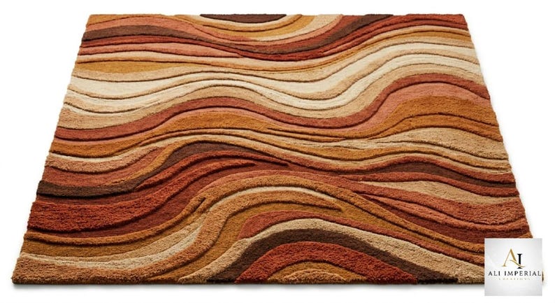 Undulating Small Rugs Hand Tufted Abstract Wave Rug, Terracotta Beige Organic Area Carpet ...