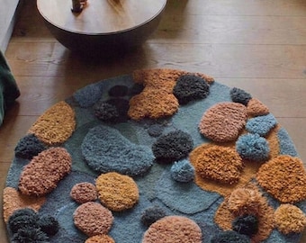 Handmade Wool Tufted Rug – Blue Moss Abstract, Pom-Poms, Boho Accent Carpet