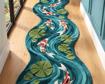 Tappeto passatoia con pesci koi, tappeto giapponese con laghetto, tappeto con ninfee, tappeto da corridoio dalla forma organica, decorazioni per la casa di ispirazione asiatica, tappeto da pavimento fatto a mano