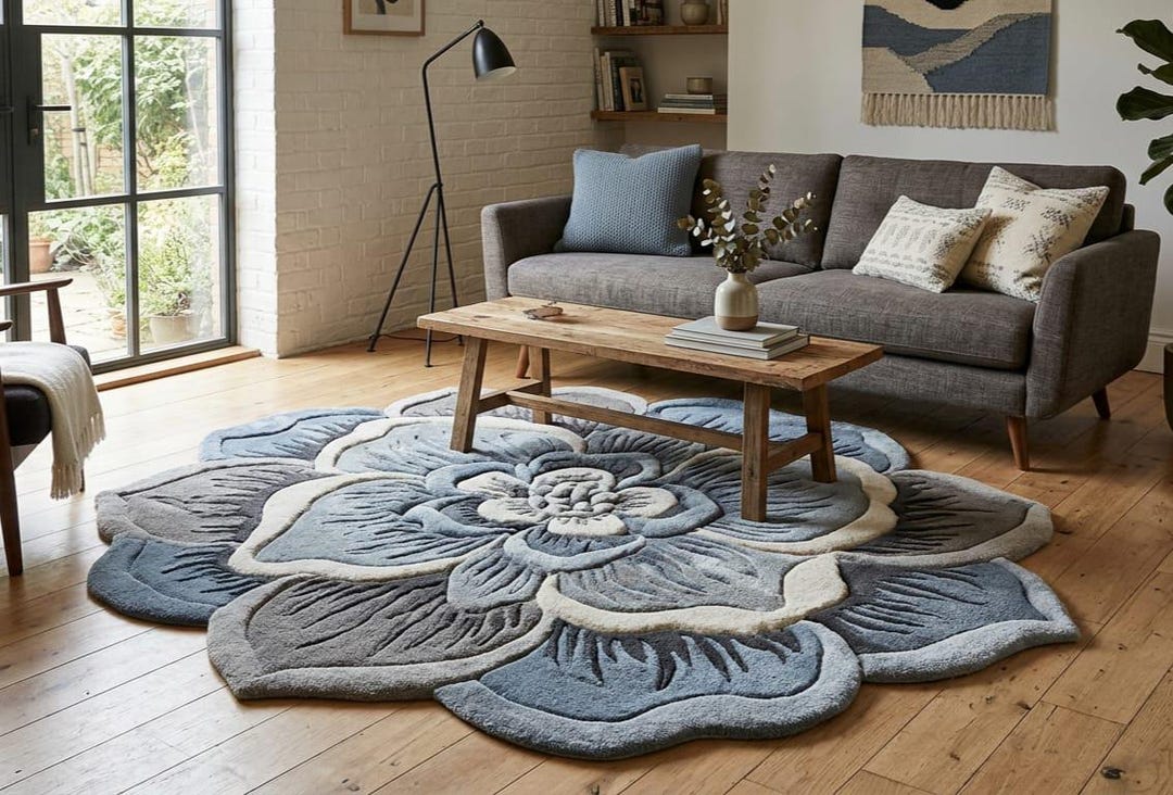 Handmade Tufted Blue Floral Shaped Area Rug for Modern Home Decor. - Etsy