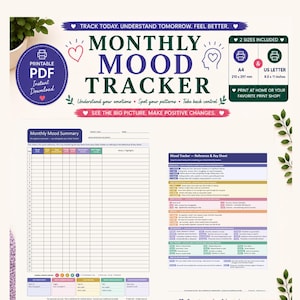 May include: A printable monthly mood tracker PDF set featuring a summary sheet and a reference key sheet. The document includes grids for daily tracking, color-coded mood categories, and instructions for A4 or 8.5 x 11 inch paper sizes.