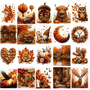 Peut inclure: Une collection de vingt illustrations distinctes sur le thème de l'automne, comprenant des renards, des citrouilles, des montgolfières, une maison gland, un highland cow, un hibou, un chalet, un camion, un gnome, une lune de feuilles et un cerf.