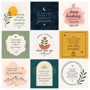 Könnte beinhalten: Ein Raster aus neun quadratischen Kunstdrucken mit motivierenden Zitaten und Illustrationen. Die Designs zeigen Sonne, Mond, Blumen, Berge und Herzen in Farben wie Gelb, Marineblau, Rosa, Grün und Petrol mit schwarzem Text.
