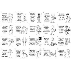 May include: A collection of twenty numbered black and white stick figure illustrations, each paired with a humorous pun or joke. The drawings depict various scenarios, including a skeleton, a person with a pizza, a cyclist, and a scientist.