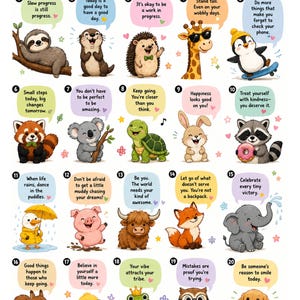 Puede incluir: Un póster titulado 20 Little Reminders for a Happier You! que presenta veinte ilustraciones numeradas de animales, incluyendo un perezoso, nutria, erizo, jirafa, pingüino, panda rojo, koala, tortuga, conejo, mapache, pato, cerdo, vaca, zorro, elefante, ardilla, pollito, rana, búho y perro con textos motivacionales.