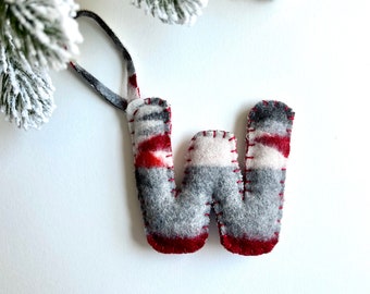Monogram Ornament “W”, with Pendleton Wool, handmade ornament, wool ornament, Christmas ornament, Christmas gift, stuffed felt ornament