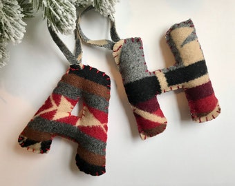 Custom Monogram Ornament, with Pendleton Wool, handmade ornament, wool ornament, Christmas ornament, Christmas gift, stuffed ornament