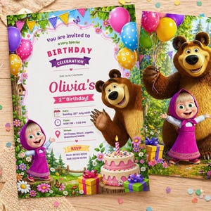 May include: A birthday invitation template featuring Masha and the Bear characters, colorful balloons, and a tiered cake. The text includes 'You are invited to a very special birthday celebration', 'Olivia's 2nd Birthday', and event details.