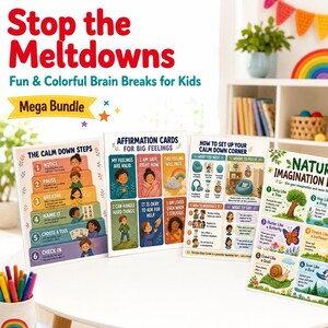 Op de afbeelding: Een verzameling kleurrijke educatieve kaarten voor kinderen, met titels als "The Calm Down Steps", "Affirmation Cards" en "Nature Imagination Breaks". De kaarten zijn ontworpen om kinderen te helpen emoties te beheersen en welzijn te bevorderen. De tekst "Stop the Meltdowns" staat bovenaan.