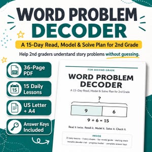 May include: A 36-page PDF educational resource titled Word Problem Decoder, a 15-day read, model, and solve plan for 2nd grade. Includes 15 daily lessons, US letter and A4 formats, and answer keys. Features a bar model example showing 9 plus 6 equals 15.