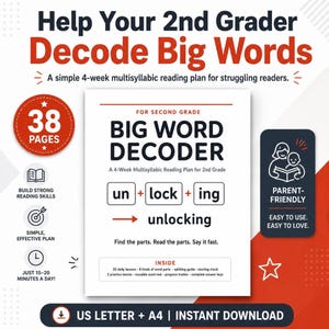 Könnte beinhalten: Ein 38-seitiger pädagogischer Leseplan mit dem Titel Big Word Decoder für die zweite Klasse. Das weiße Deckblatt zeigt den Text un + lock + ing = unlocking sowie Abschnitte für 20 Lektionen, Wortbausteine, Übungsgeschichten und einen Fortschrittsplan.