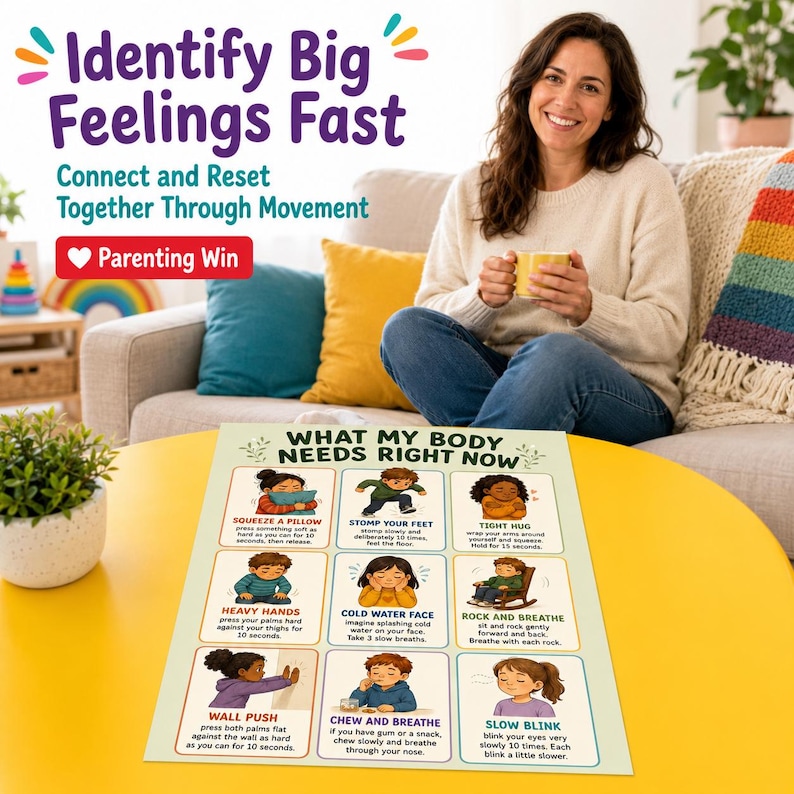 Op de afbeelding: Een gele tafel toont een poster met de titel "Identify Big Feelings Fast". De poster, met de tekst "What My Body Needs Right Now", illustreert kalmeringstechnieken. Op de achtergrond zit een vrouw. De poster bevat instructies zoals "Squeeze a Pillow" en "Slow Blink".