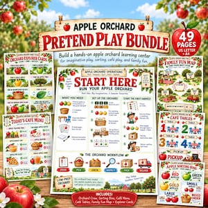 May include: An Apple Orchard Pretend Play Bundle featuring 49 pages of printable learning materials. Includes an operations guide, explorer cards, a family fun map, a cafe menu, table signs, and sorting bin labels with colorful apple illustrations.