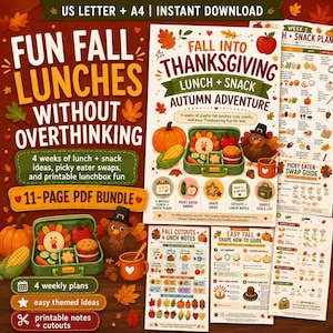 Fall Lunchbox Planner Printable, 4-Week Kids Meal Calendar, Cute Thanksgiving Themes Lunch and Snack Ideas PDF