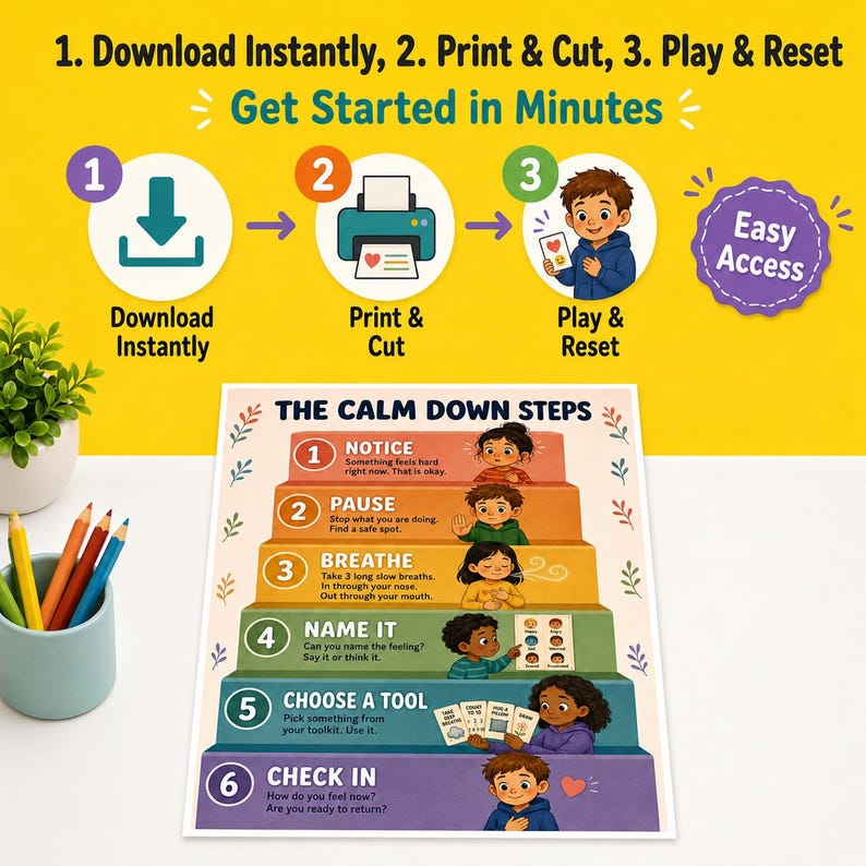 Op de afbeelding: Een kleurrijke educatieve poster met de tekst "THE CALM DOWN STEPS" en instructies voor het omgaan met emoties. De poster bevat illustraties van kinderen en stappen zoals "Notice", "Pause" en "Breathe". De bovenkant van de poster luidt: "Download Instantly, Print & Cut, Play & Reset."