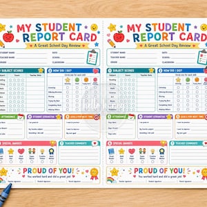 Op de afbeelding: Twee identieke rapportformulieren voor leerlingen op wit papier, met kleurrijke koppen met de tekst My Student Report Card A Great School Day Review, secties voor vakscores, aanwezigheid, sterke punten, doelen en prijzen, met kleurpotloden.