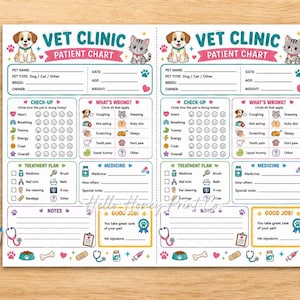 May include: A printable vet clinic patient chart featuring two identical forms side-by-side. Each form includes sections for pet details, check-up status, symptoms, treatment plans, medicine, notes, and a good job award, decorated with colorful animal icons.