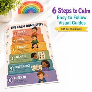 Op de afbeelding: Een kleurrijke poster getiteld "De Calm Down Steps" met illustraties van kinderen die elke stap demonstreren. De stappen omvatten opmerken, pauzeren, ademen, benoemen, een hulpmiddel kiezen en inchecken. Een houten regenboog speelgoed staat op de achtergrond.