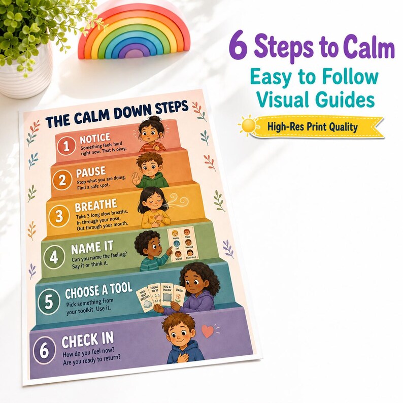 Op de afbeelding: Een kleurrijke poster getiteld "De Calm Down Steps" met illustraties van kinderen die elke stap demonstreren. De stappen omvatten opmerken, pauzeren, ademen, benoemen, een hulpmiddel kiezen en inchecken. Een houten regenboog speelgoed staat op de achtergrond.