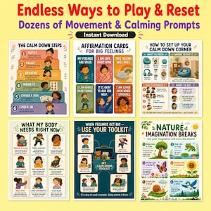 Op de afbeelding: Een kleurrijke educatieve poster set met de tekst "Endless Ways to Play & Reset" en "Direct downloaden". De set bevat gidsen voor kalmeringstechnieken, affirmatiekaarten en op de natuur gebaseerde verbeeldingspauzes.