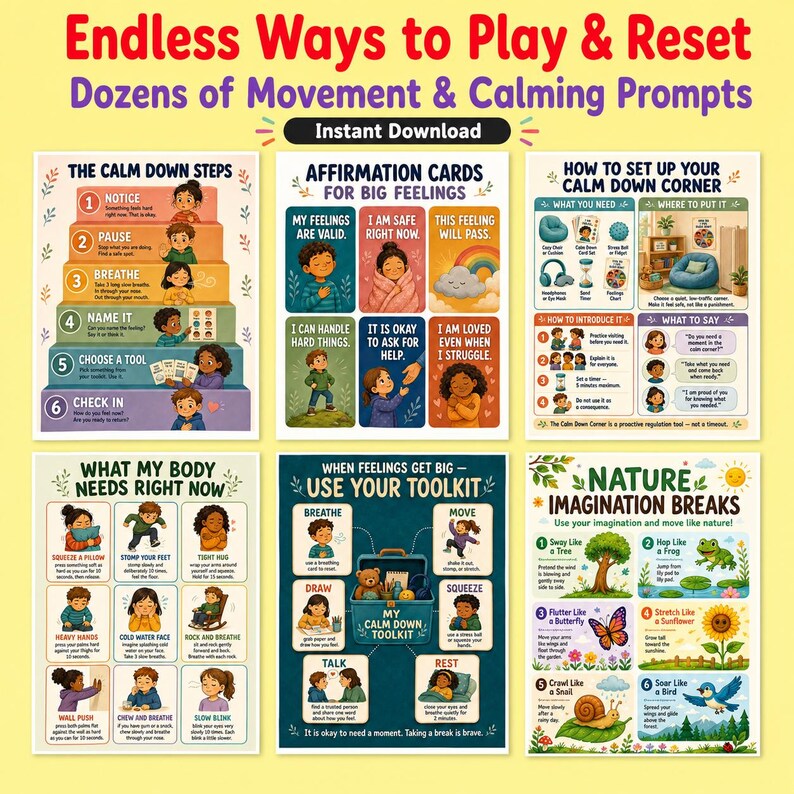 Op de afbeelding: Een kleurrijke educatieve poster set met de tekst "Endless Ways to Play & Reset" en "Direct downloaden". De set bevat gidsen voor kalmeringstechnieken, affirmatiekaarten en op de natuur gebaseerde verbeeldingspauzes.