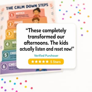 Op de afbeelding: Een kleurrijke grafiek getiteld "The Calm Down Steps" met genummerde stappen en illustraties. Een witte kaart toont een klantbeoordeling: "These completely transformed our afternoons. The kids actually listen and reset now!" met een 5-sterren beoordeling.