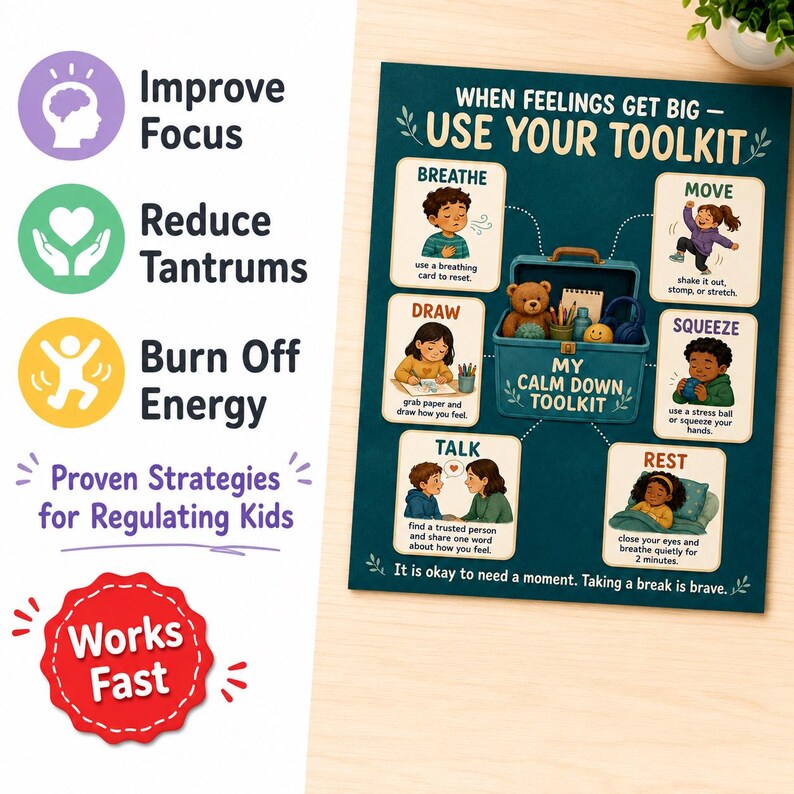 Op de afbeelding: Een turquoise poster met de tekst "Wanneer gevoelens groot worden - Gebruik je toolkit." De poster bevat illustraties en instructies voor ademhalen, tekenen, praten en rusten. Het bevat ook een gereedschapskist met een teddybeer en andere items.