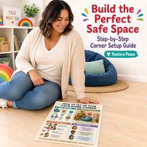 Op de afbeelding: Een vrouw zit in de buurt van een poster met de titel "Hoe u uw Calm Down Corner kunt instellen". De poster bevat illustraties en tekst over het cre&euml;ren van een veilige ruimte. De tekst "Build the Perfect Safe Space" is zichtbaar op de achtergrond.