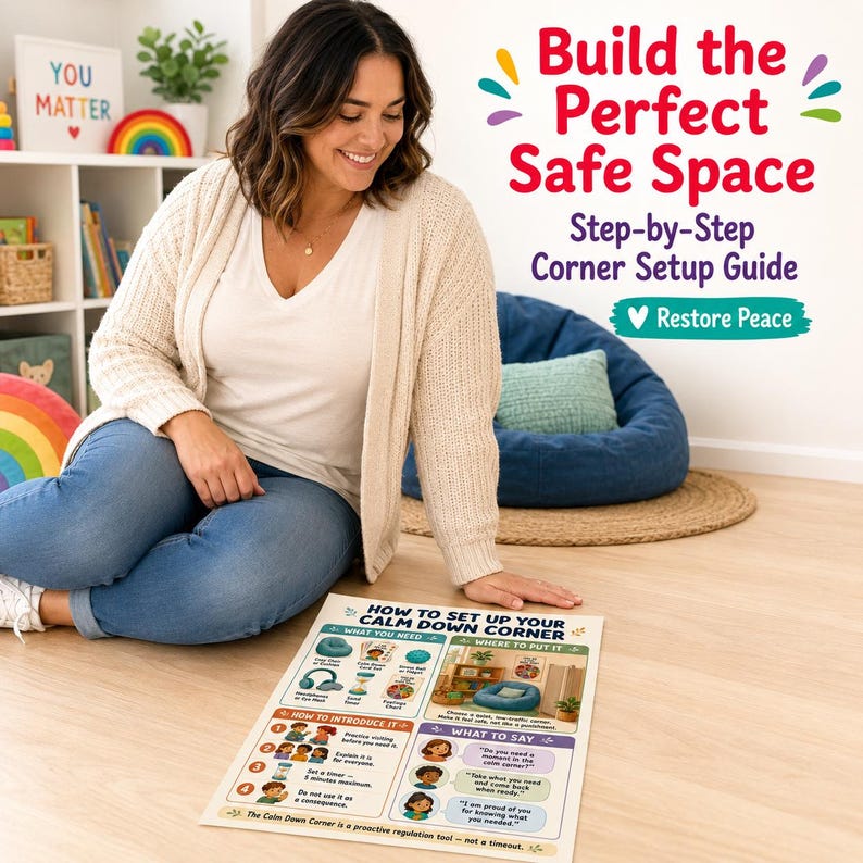 Op de afbeelding: Een vrouw zit in de buurt van een poster met de titel "Hoe u uw Calm Down Corner kunt instellen". De poster bevat illustraties en tekst over het cre&euml;ren van een veilige ruimte. De tekst "Build the Perfect Safe Space" is zichtbaar op de achtergrond.