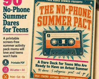 Summer Dare-deck zonder telefoon voor tieners, schermvrije activiteiten, werkboek uit de jaren 90 (digitale download)