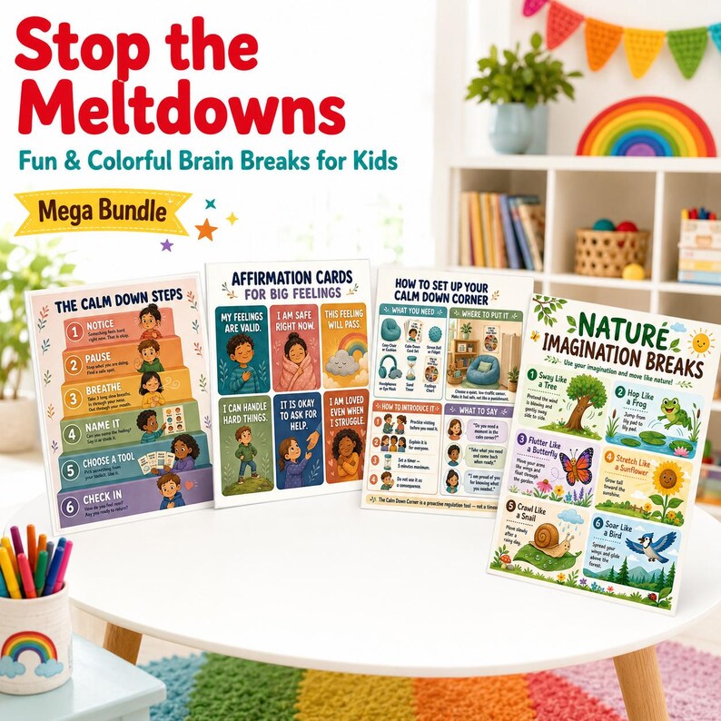 Op de afbeelding: Een verzameling kleurrijke educatieve kaarten voor kinderen, met titels als "The Calm Down Steps", "Affirmation Cards" en "Nature Imagination Breaks". De kaarten zijn ontworpen om kinderen te helpen emoties te beheersen en welzijn te bevorderen. De tekst "Stop the Meltdowns" staat bovenaan.