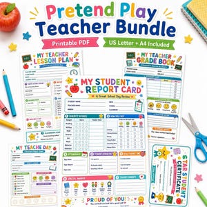 Pretend School Teacher Dramatic Play Bundle | Classroom Role Play PDF, Report Card, Lesson Plan, Grade Book, Certificate, Homeschool