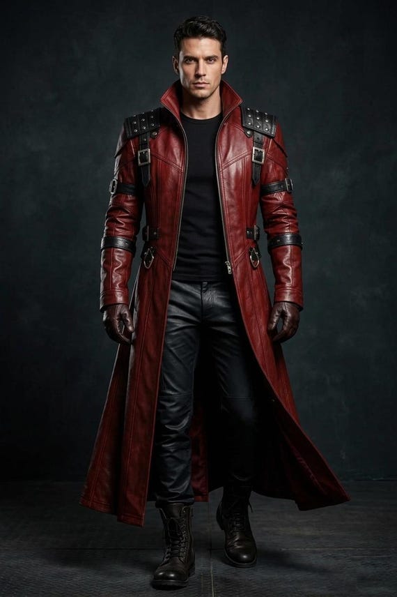 Red Leather Gothic Long Coat – Unisex Cyberpunk Biker Trench Jacket