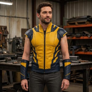 May include: A sleeveless yellow and navy blue vest with a high collar and a central zipper closure, paired with matching navy blue and yellow forearm gauntlets. The vest features structured shoulder panels and geometric paneling throughout the design.