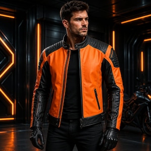 Puede incluir: Una chaqueta de moto con cuerpo de color naranja vibrante y mangas, paneles en los hombros y ribetes de cuero negro en contraste. La chaqueta incluye un cuello mao, bolsillos verticales con cremallera y detalles acolchados en los hombros.