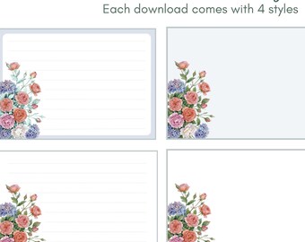 Romantisch briefpapier met bedrukbaar bloemenbloemen – 2 gelinieerd en 2 ongevoerd (blauw)