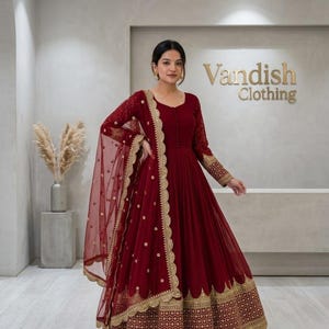 Maroon Heavy Sequence Work Anarkali Gown Dupatta 3PC Set , Wedding Gown ,Pakistani Gown, Long Kurti ,Indian Wedding Party Wear,Maroon Anarka
