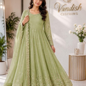 Premium Green Anarkali Designer 3 pc Embroidered with Sequence Work Gown With Dupatta, Full flared Gown, Women Dresses,Anarkali Gown, George