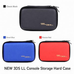 May include: A black, blue, and red NEW 3DS LL console storage hard case. Each case has a zipper closure and the text "new Nintendo 3DS LL". The cases are rectangular and designed to protect the console. The image also includes the text "NEW 3DS LL Console Storage Hard Case".