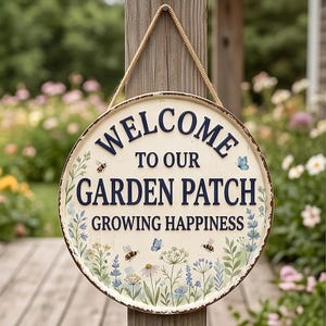 May include: A round, cream-colored metal sign with a rope hanger featuring the dark blue text "WELCOME TO OUR GARDEN PATCH GROWING HAPPINESS." The sign is decorated with illustrations of colorful wildflowers, bees, and butterflies around the edges.