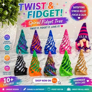 May include: A collection of colorful spiral fidget toys in various colors, including blue, pink, green, and gold. The toys are shaped like trees and have a textured, twisted design. Text on the image reads "Twist & Fidget!" and "Spiral Fidget Tree."