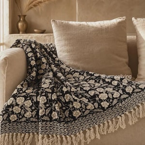 Cotton Throw Hand Block Printed – Black and Beige Fringed Floral Sofa Blanket