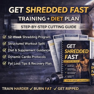 May include: A fitness program advertisement with the text "GET SHREDDED FAST". It includes a book, tablet, and papers with workout and diet plans. A muscular man is in the background. The program promises a 12-week shredding program and fat loss tips.