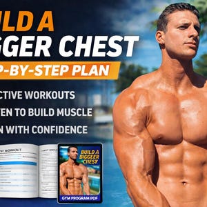 May include: An advertisement promoting a chest workout plan. The text reads "Build a Bigger Chest" and "Step-by-Step Plan." The image includes a muscular man, dumbbells, an open book, and a tablet displaying a similar image. The plan promises effective workouts, muscle building, and confidence.